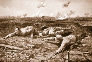 Korporaal Brown en Lance-Korporaal Dobson slepen een gewonde man naar de Britse linies onder vuur door Alfred Pearse